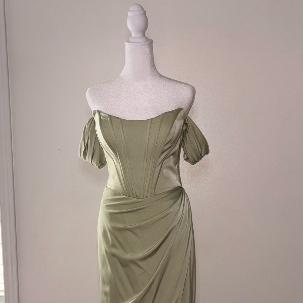 Sage Off-Shoulder Ruched Evening Gown
